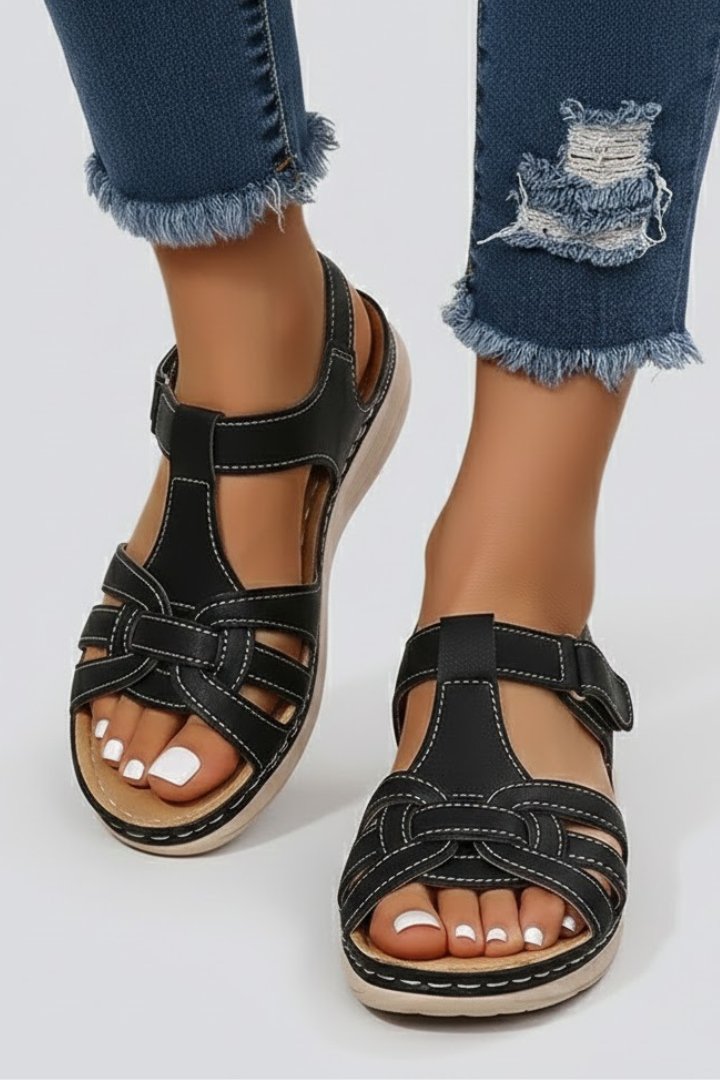 Damen Offene Riemchen-Sandalen mit Klettverschluss Flechtoptik - Black