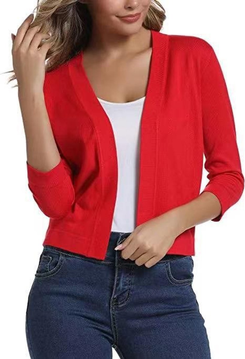 Damen Offener Kurzjacken-Cardigan mit 3/4-Ärmeln - Chinarot