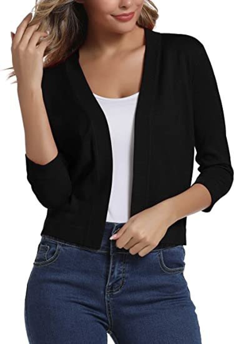 Damen Offener Kurzjacken-Cardigan mit 3/4-Ärmeln - Schwarz