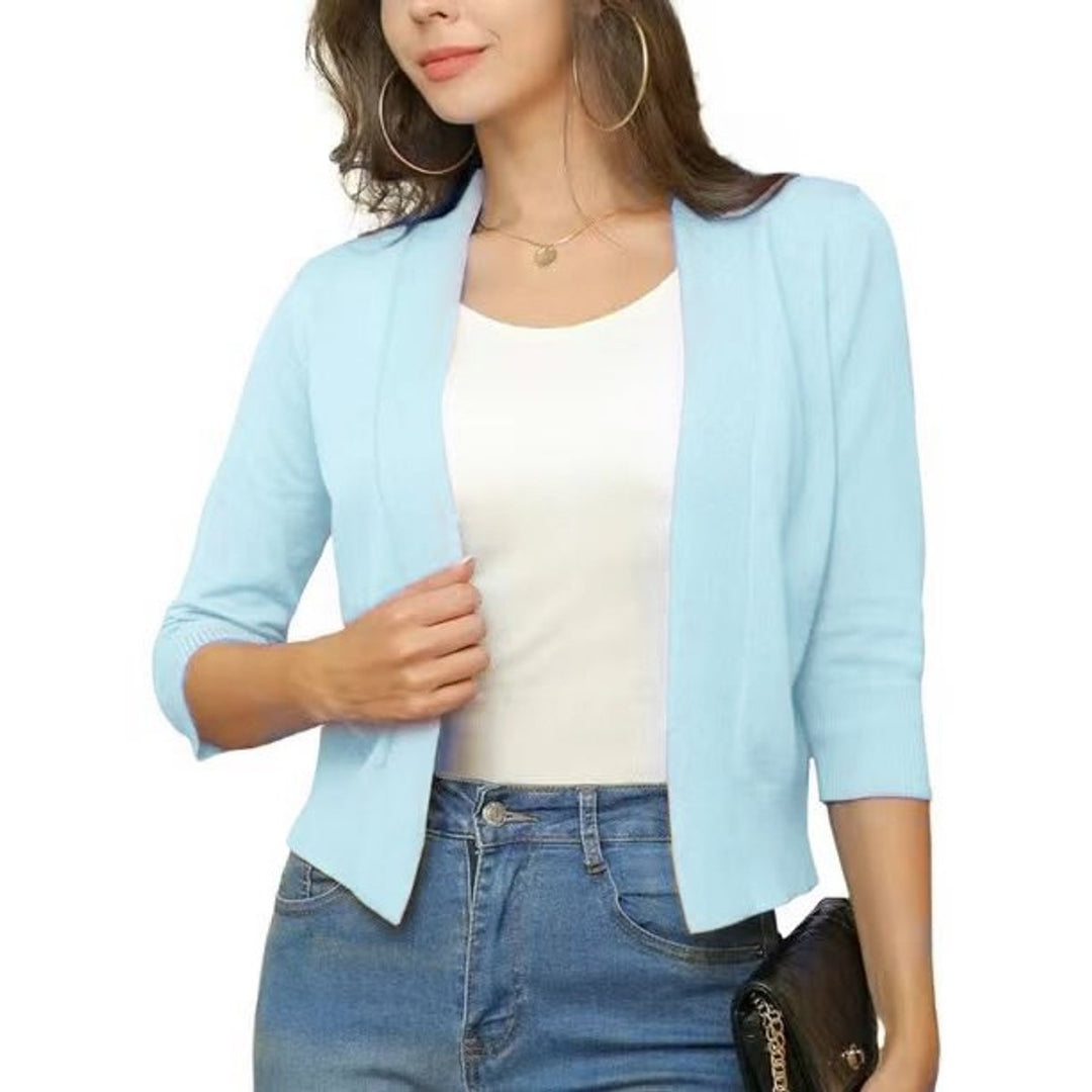 Damen Offener Kurzjacken-Cardigan mit 3/4-Ärmeln - Blassblau