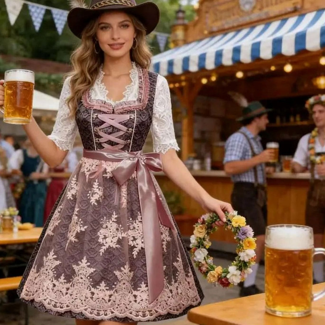 Damen Oktoberfest Dirndl 3-teilig Spitze Trachtenkleid