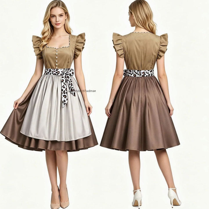 Damen Oktoberfest Dirndl Kleid mit Rüschenärmeln Leopardenband Schürze
