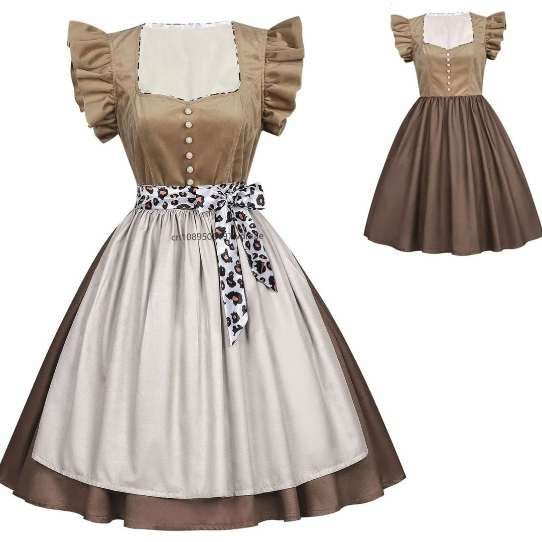 Damen Oktoberfest Dirndl Kleid mit Rüschenärmeln Leopardenband Schürze
