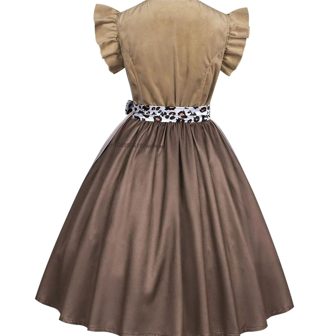 Damen Oktoberfest Dirndl Kleid mit Rüschenärmeln Leopardenband Schürze