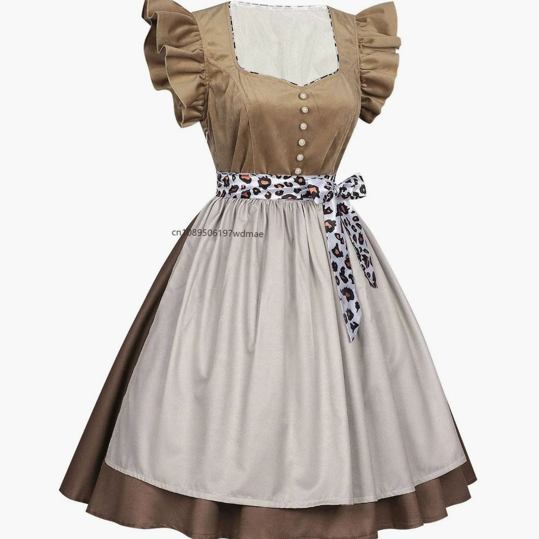 Damen Oktoberfest Dirndl Kleid mit Rüschenärmeln Leopardenband Schürze