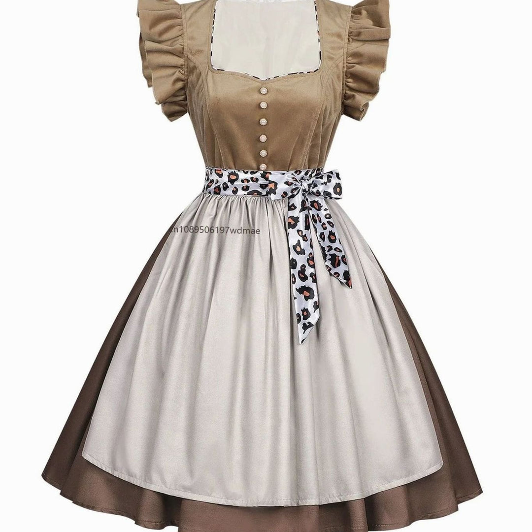 Damen Oktoberfest Dirndl Kleid mit Rüschenärmeln Leopardenband Schürze