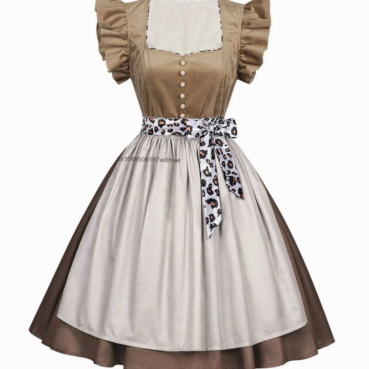 Damen Oktoberfest Dirndl Kleid mit Rüschenärmeln Leopardenband Schürze