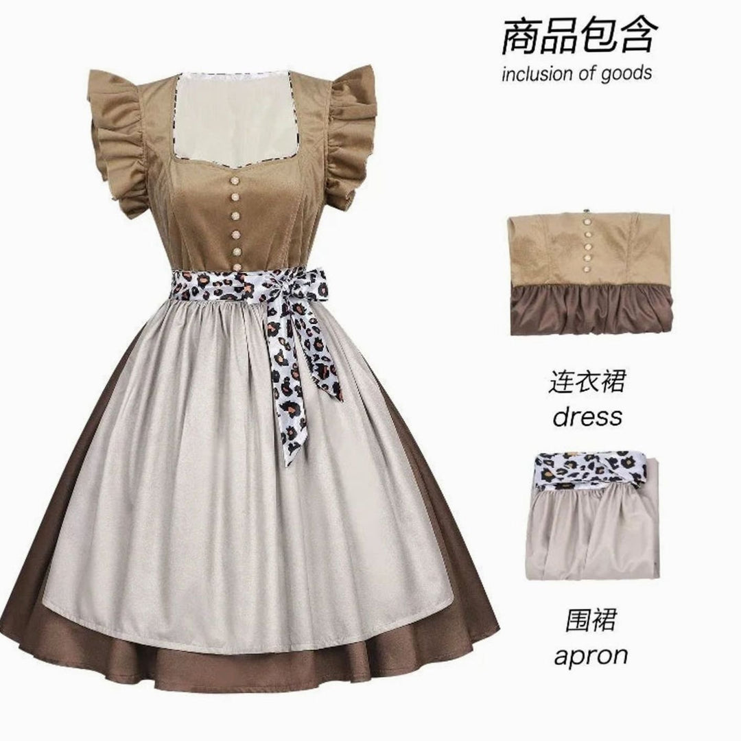 Damen Oktoberfest Dirndl Kleid mit Rüschenärmeln Leopardenband Schürze - Braun Beige