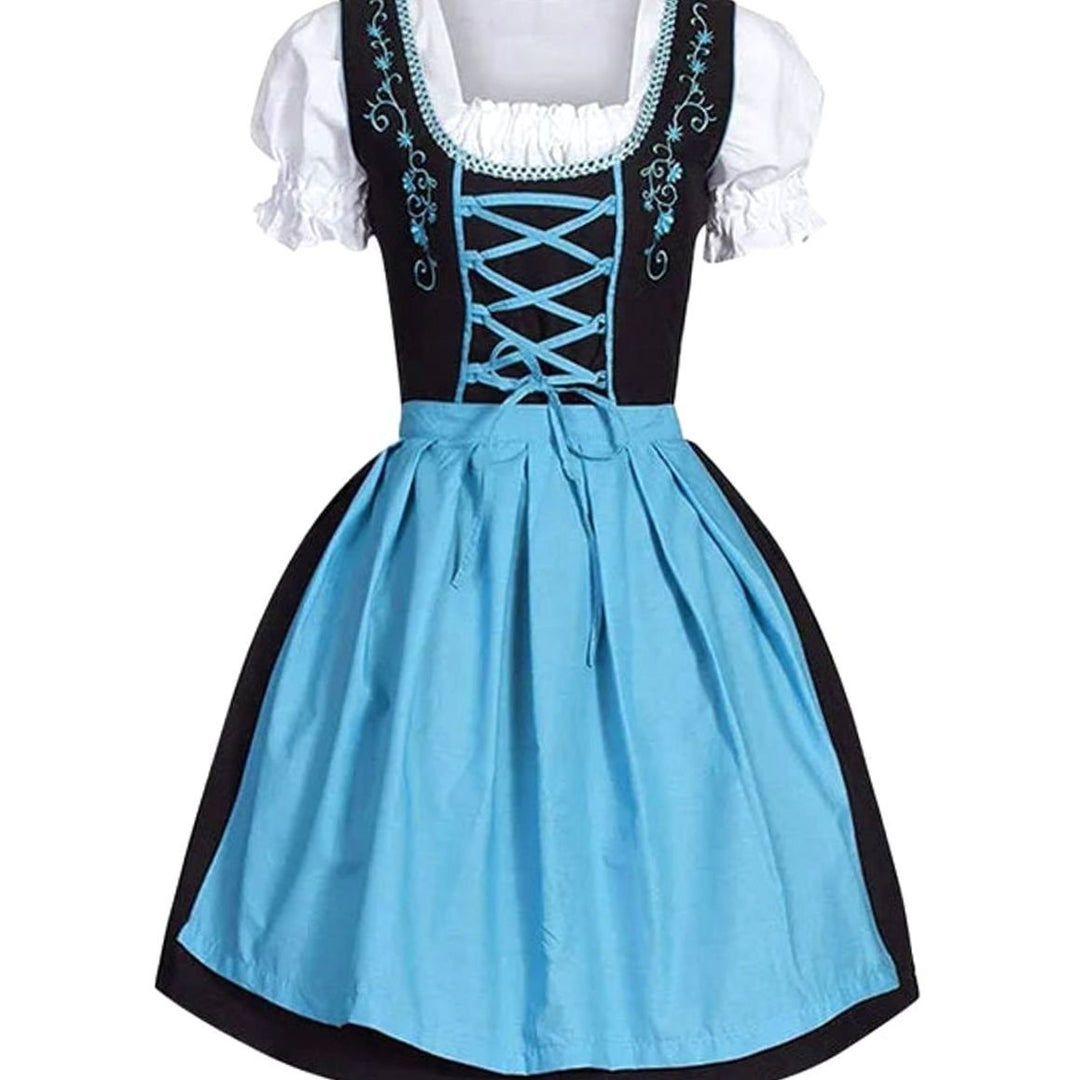 Damen Oktoberfest Dirndl Kleid mit Schnürung Schürze Bluse - Blau