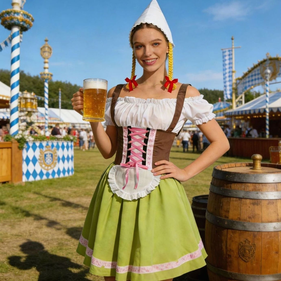Damen Oktoberfest Dirndl Kleid mit Schürze und Zipfelmütze