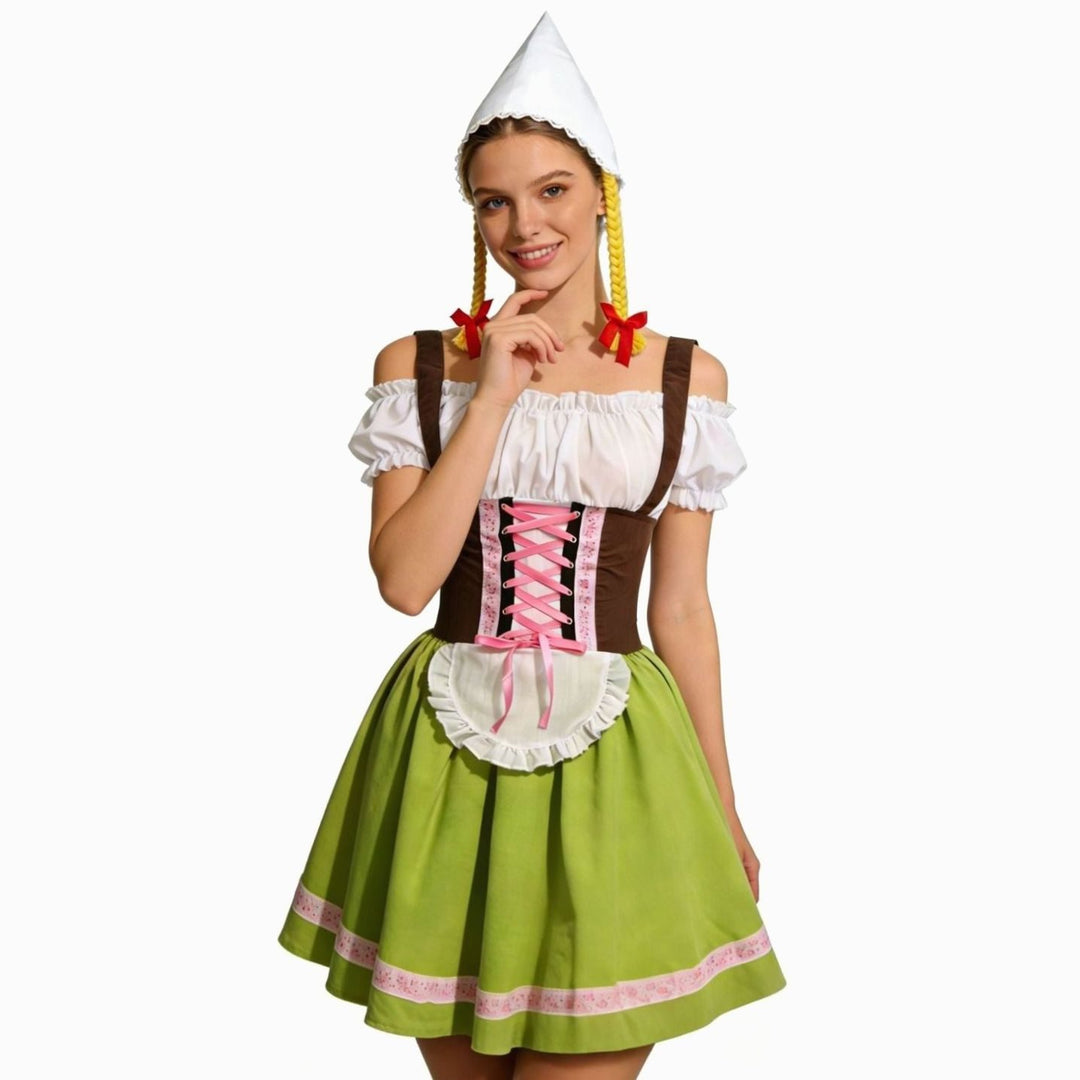 Damen Oktoberfest Dirndl Kleid mit Schürze und Zipfelmütze