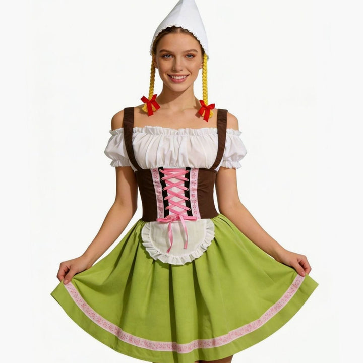 Damen Oktoberfest Dirndl Kleid mit Schürze und Zipfelmütze