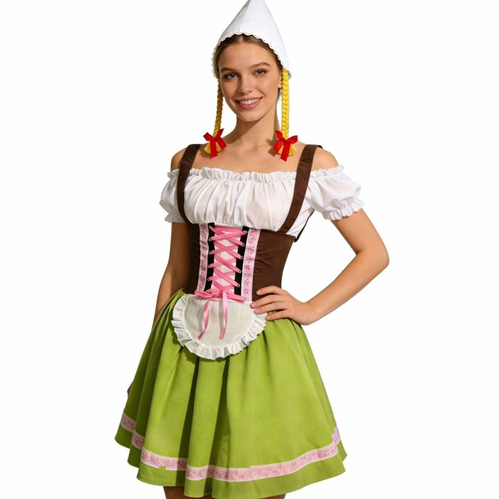 Damen Oktoberfest Dirndl Kleid mit Schürze und Zipfelmütze