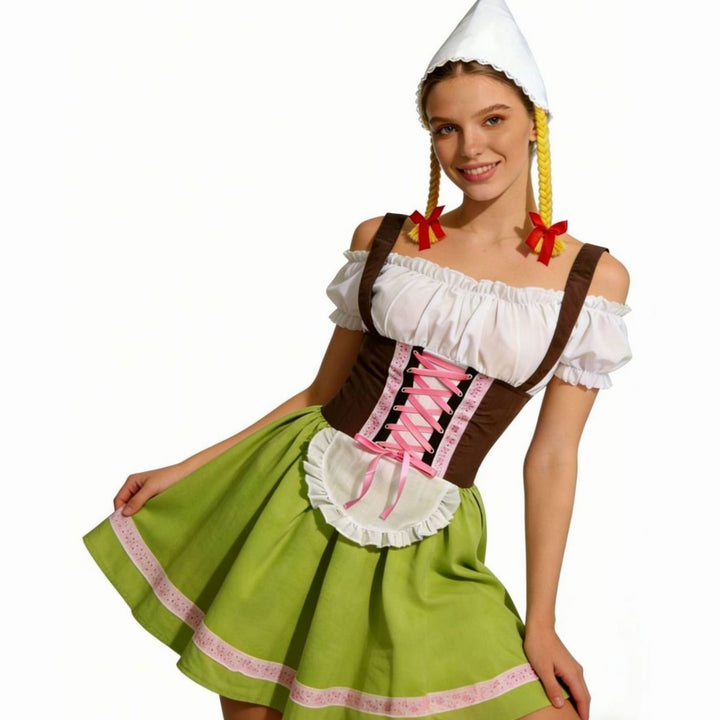 Damen Oktoberfest Dirndl Kleid mit Schürze und Zipfelmütze