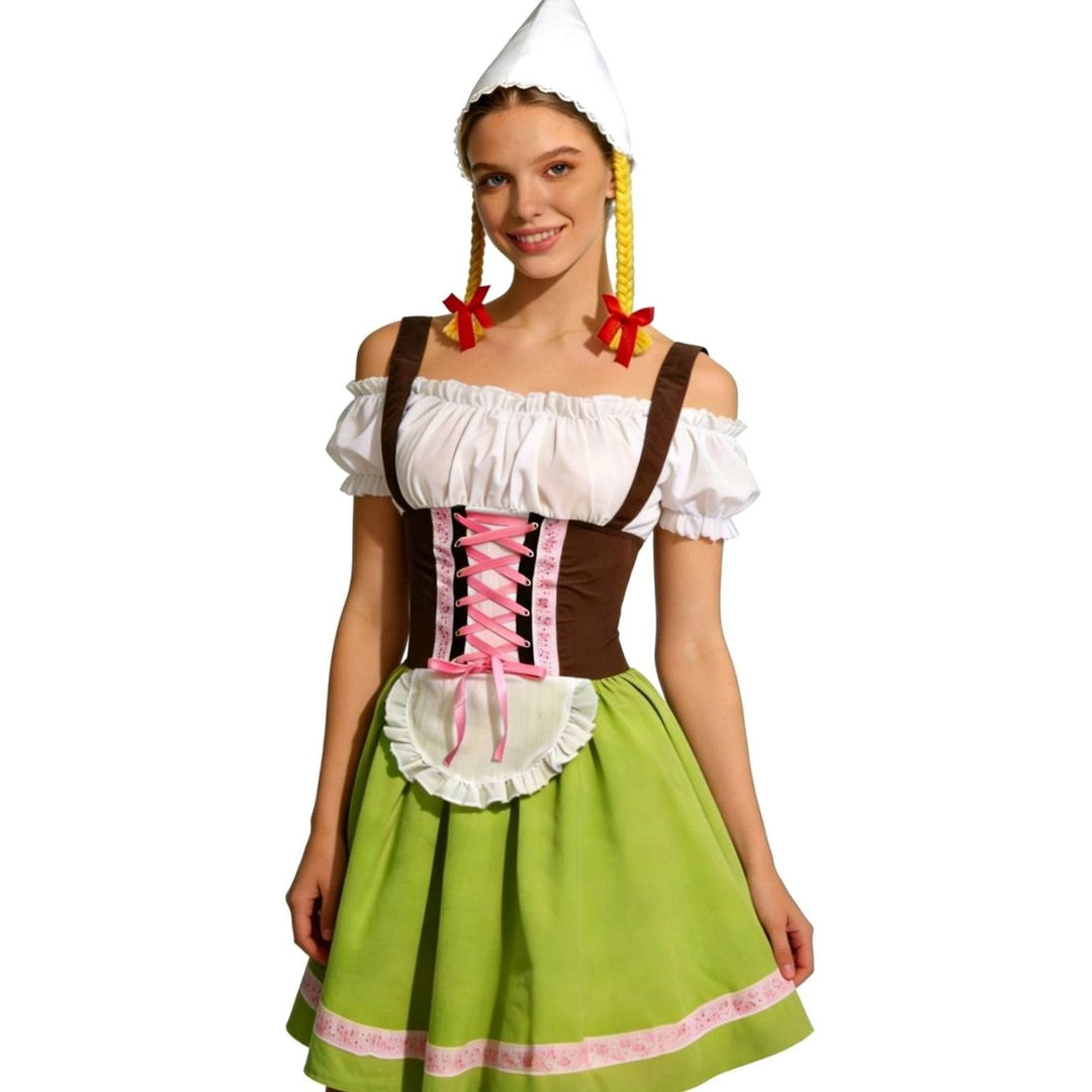 Damen Oktoberfest Dirndl Kleid mit Schürze und Zipfelmütze