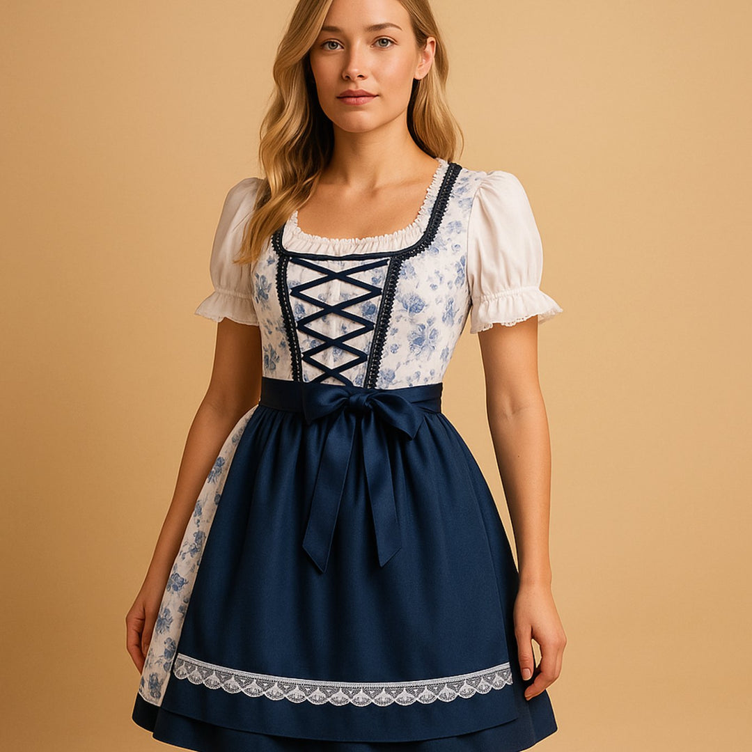 Damen Oktoberfest Dirndl Kleid mit Spitzenbesatz und Schürze - Blau