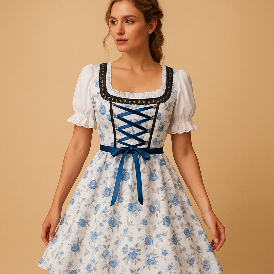 Damen Oktoberfest Dirndl Kleid mit Spitzenbesatz und Schürze - Weiß