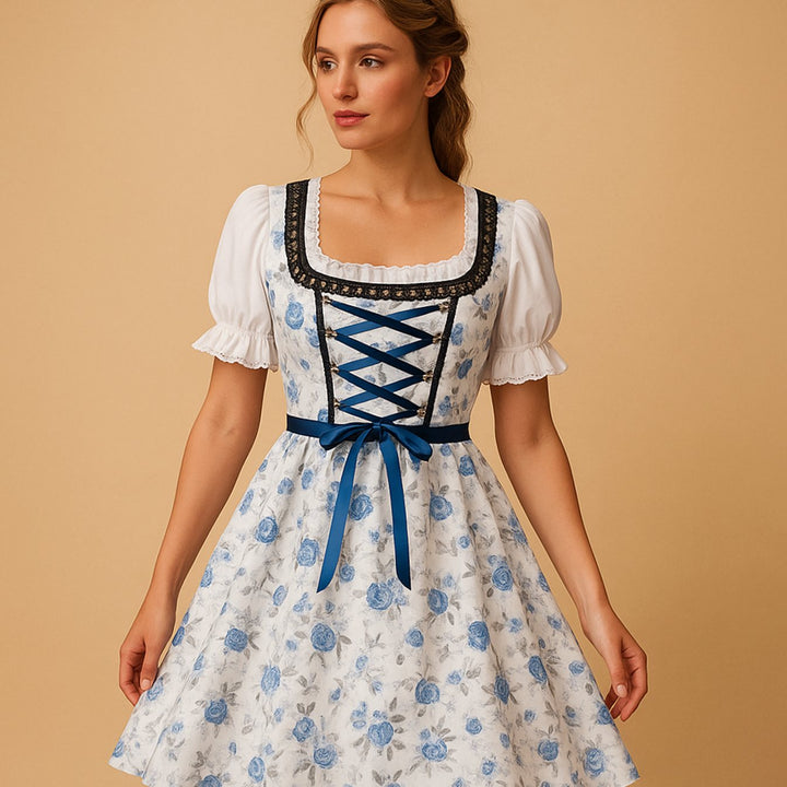 Damen Oktoberfest Dirndl Kleid mit Spitzenbesatz und Schürze - Weiß