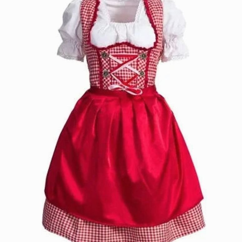 Damen Oktoberfest Dirndl Kleid Rot-Weiß Kariert mit Schürze und Rüschenbluse