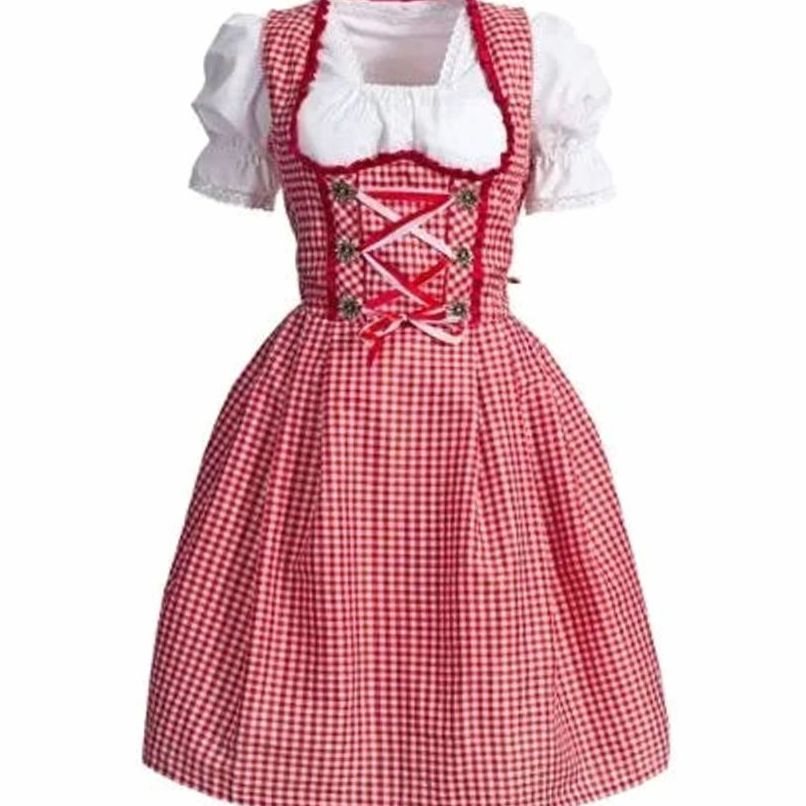 Damen Oktoberfest Dirndl Kleid Rot-Weiß Kariert mit Schürze und Rüschenbluse