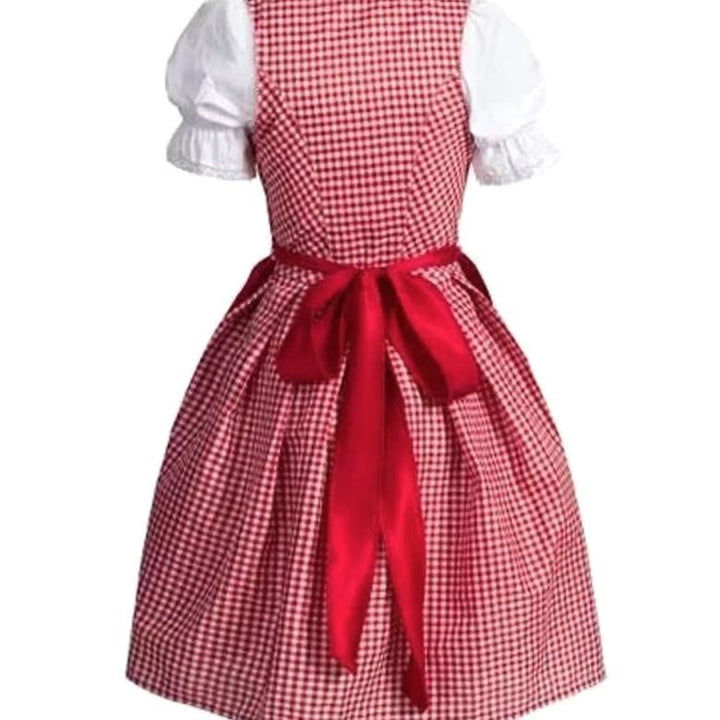 Damen Oktoberfest Dirndl Kleid Rot-Weiß Kariert mit Schürze und Rüschenbluse