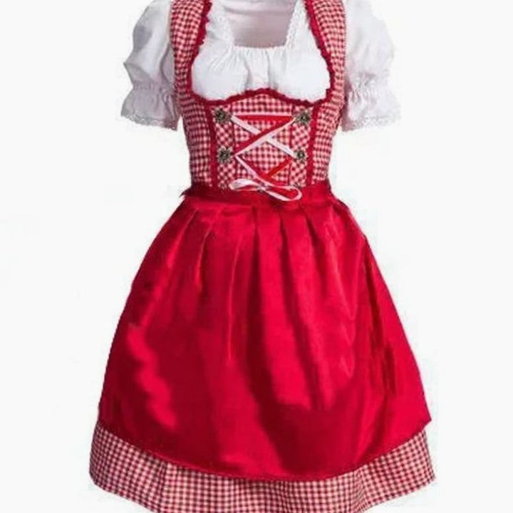 Damen Oktoberfest Dirndl Kleid Rot-Weiß Kariert mit Schürze und Rüschenbluse - Rot