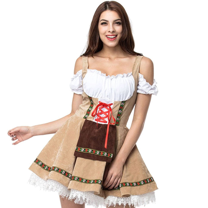 Damen Oktoberfest Dirndl Kleid Schulterfreies Schnürmieder Spitze