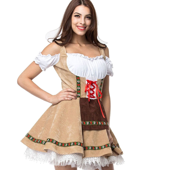 Damen Oktoberfest Dirndl Kleid Schulterfreies Schnürmieder Spitze