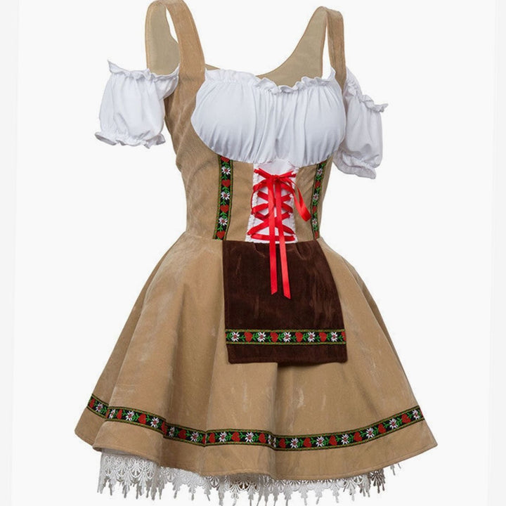 Damen Oktoberfest Dirndl Kleid Schulterfreies Schnürmieder Spitze