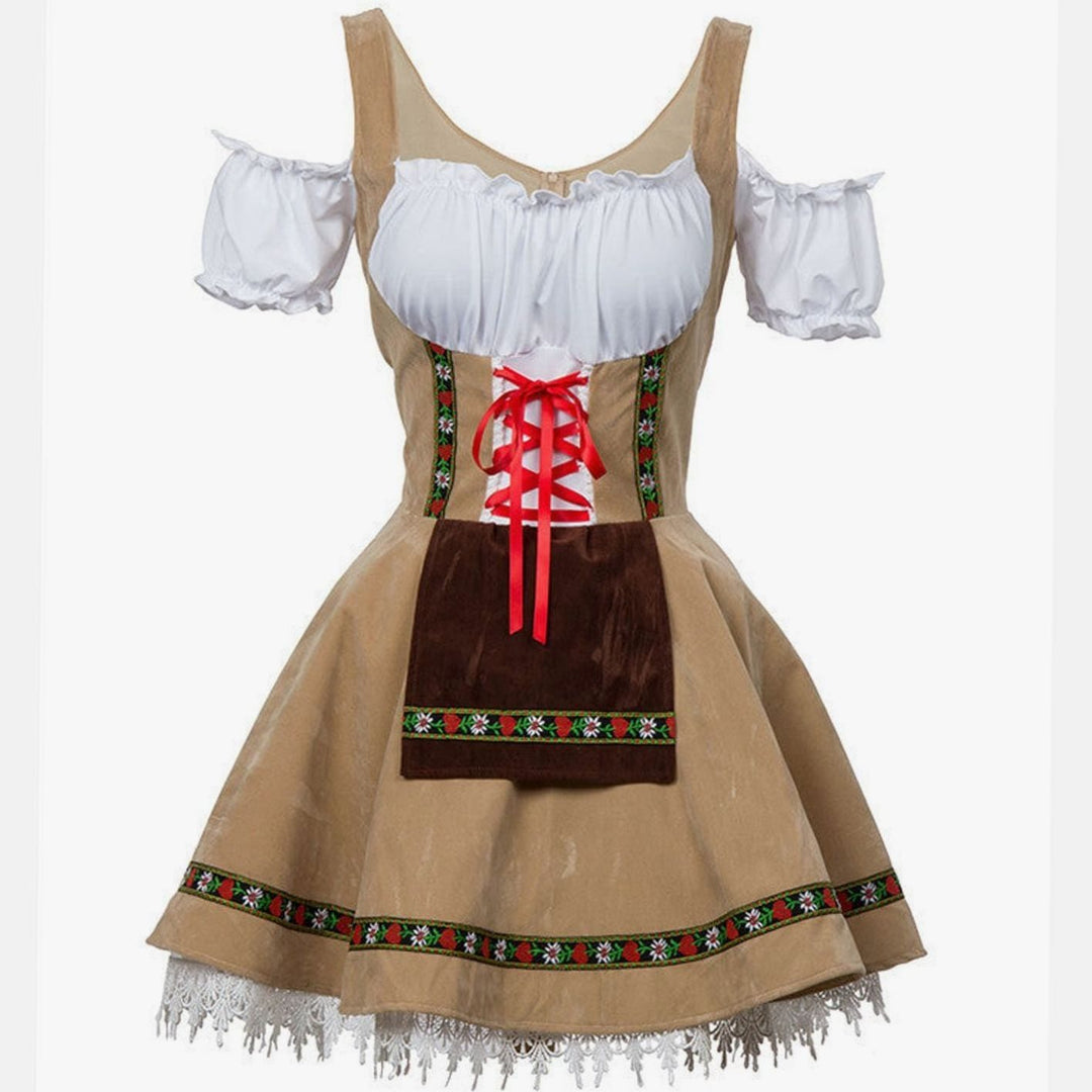 Damen Oktoberfest Dirndl Kleid Schulterfreies Schnürmieder Spitze