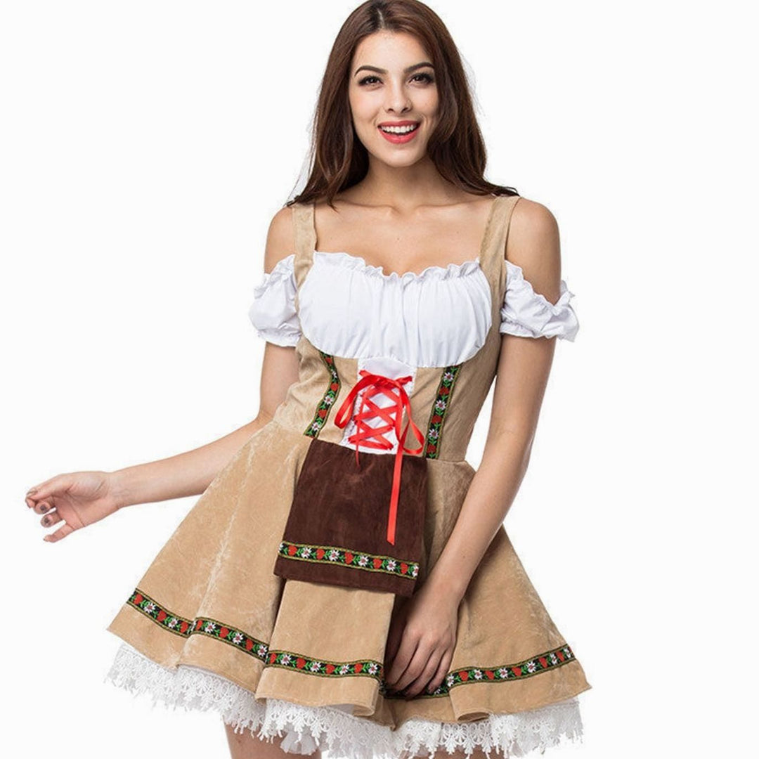 Damen Oktoberfest Dirndl Kleid Schulterfreies Schnürmieder Spitze