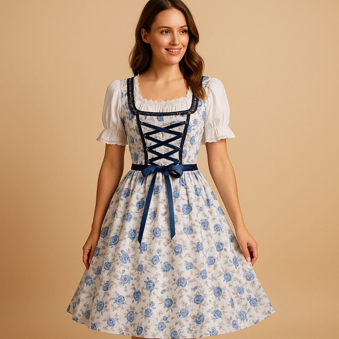 Damen Oktoberfest Dirndl Kleid Tailliert Blumenprint Schnürung - Weiß