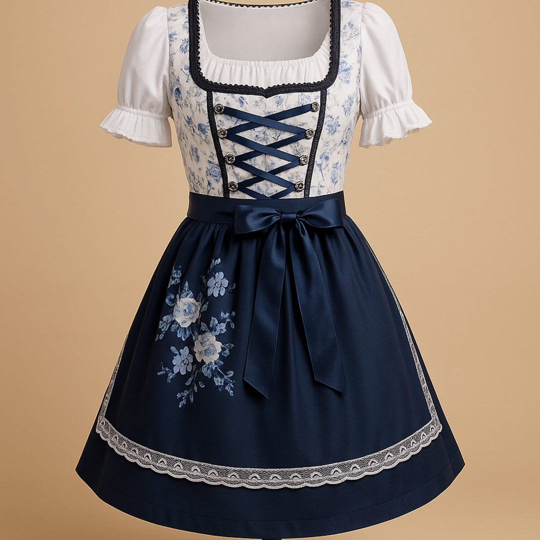 Damen Oktoberfest Dirndl Kleid Tailliert Blumenprint Schnürung - Blau