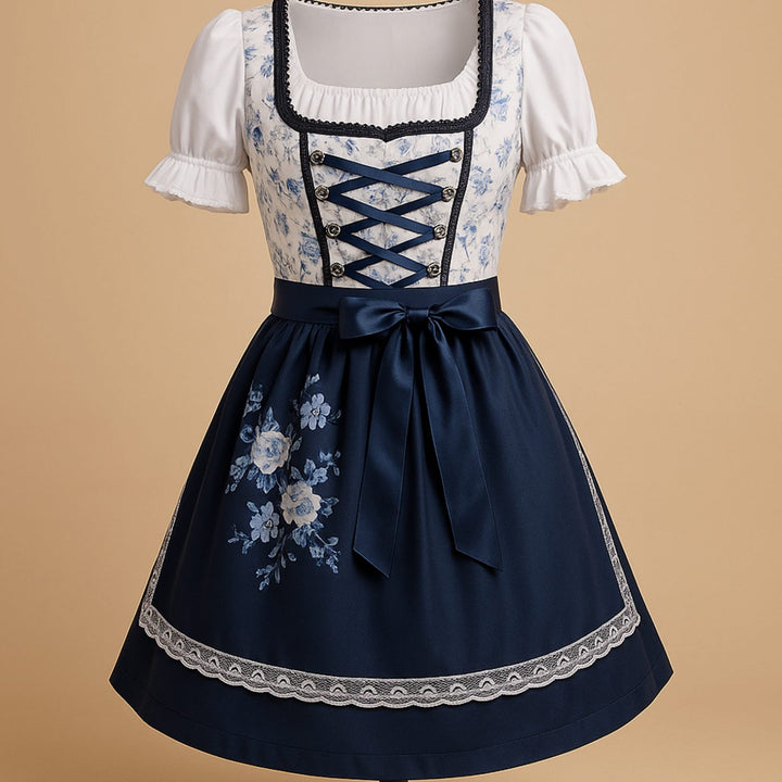 Damen Oktoberfest Dirndl Kleid Tailliert Blumenprint Schnürung - Blau
