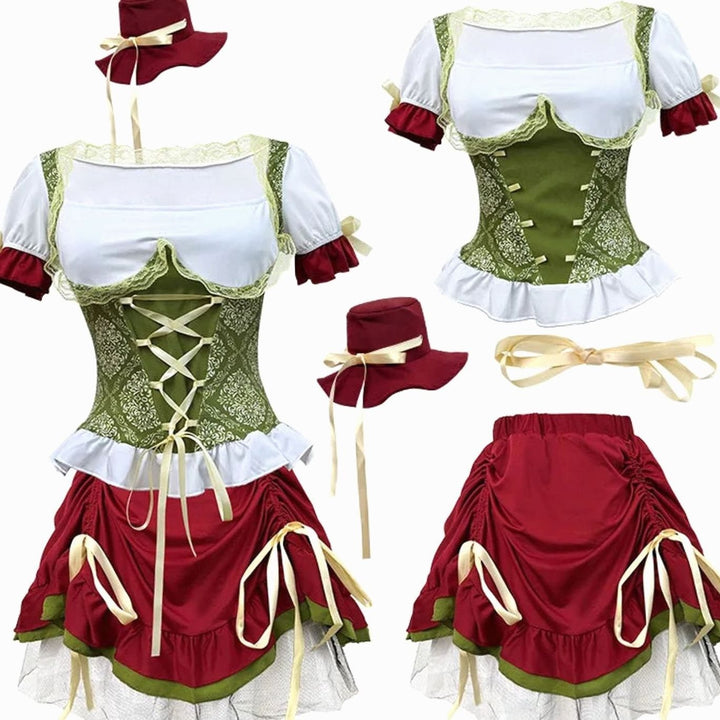 Damen Oktoberfest Dirndl-Kostüm Corsagen-Oberteil Schnürung Minirock - Rot Grün