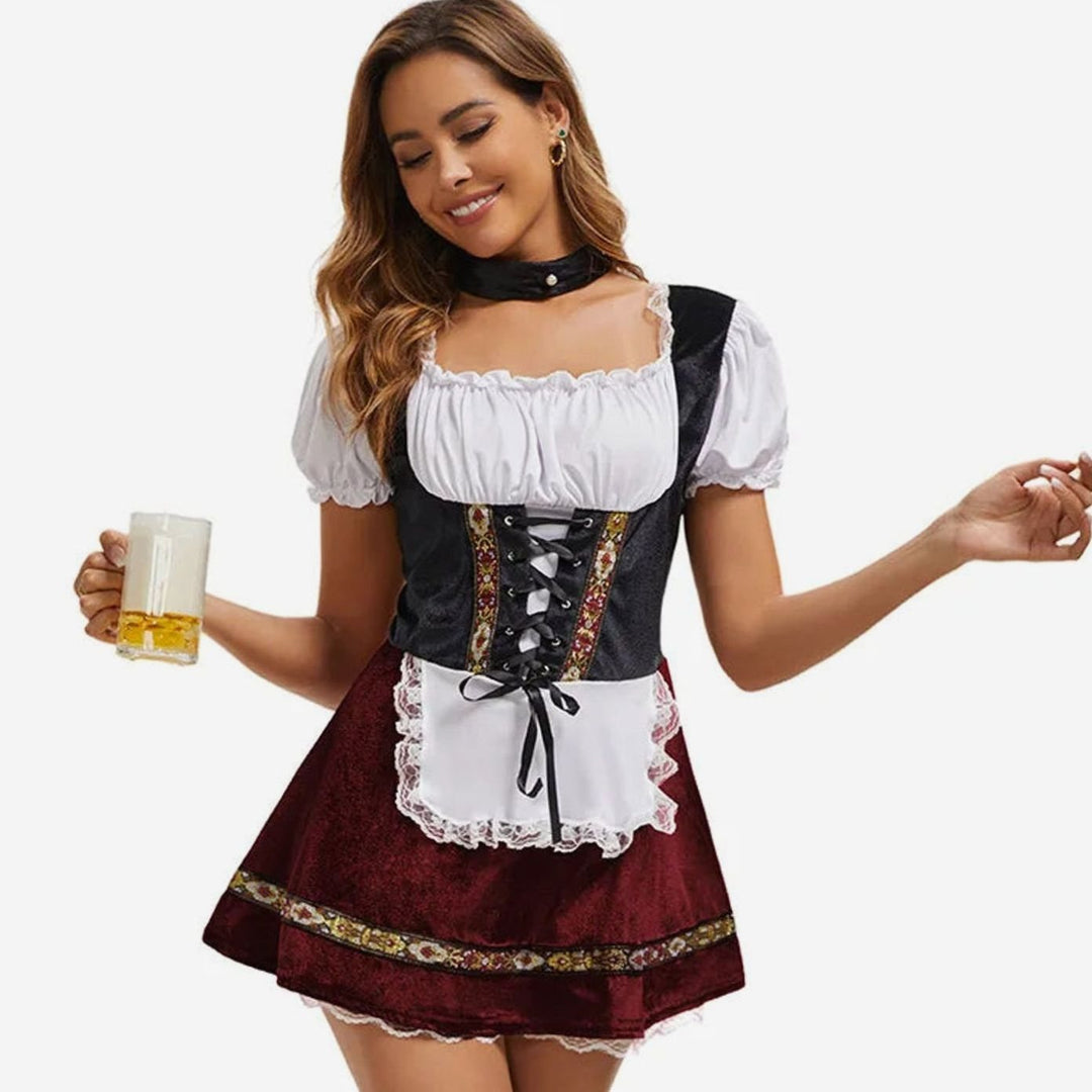 Damen Oktoberfest Dirndl-Kostüm mit Schürze Puffärmeln Korsettschnürung