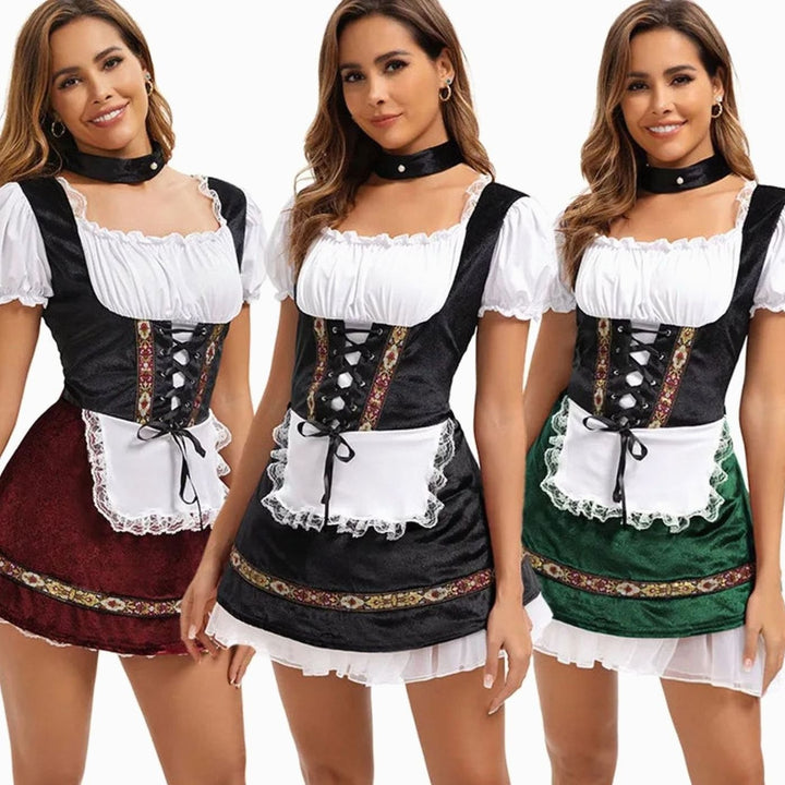 Damen Oktoberfest Dirndl-Kostüm mit Schürze Puffärmeln Korsettschnürung