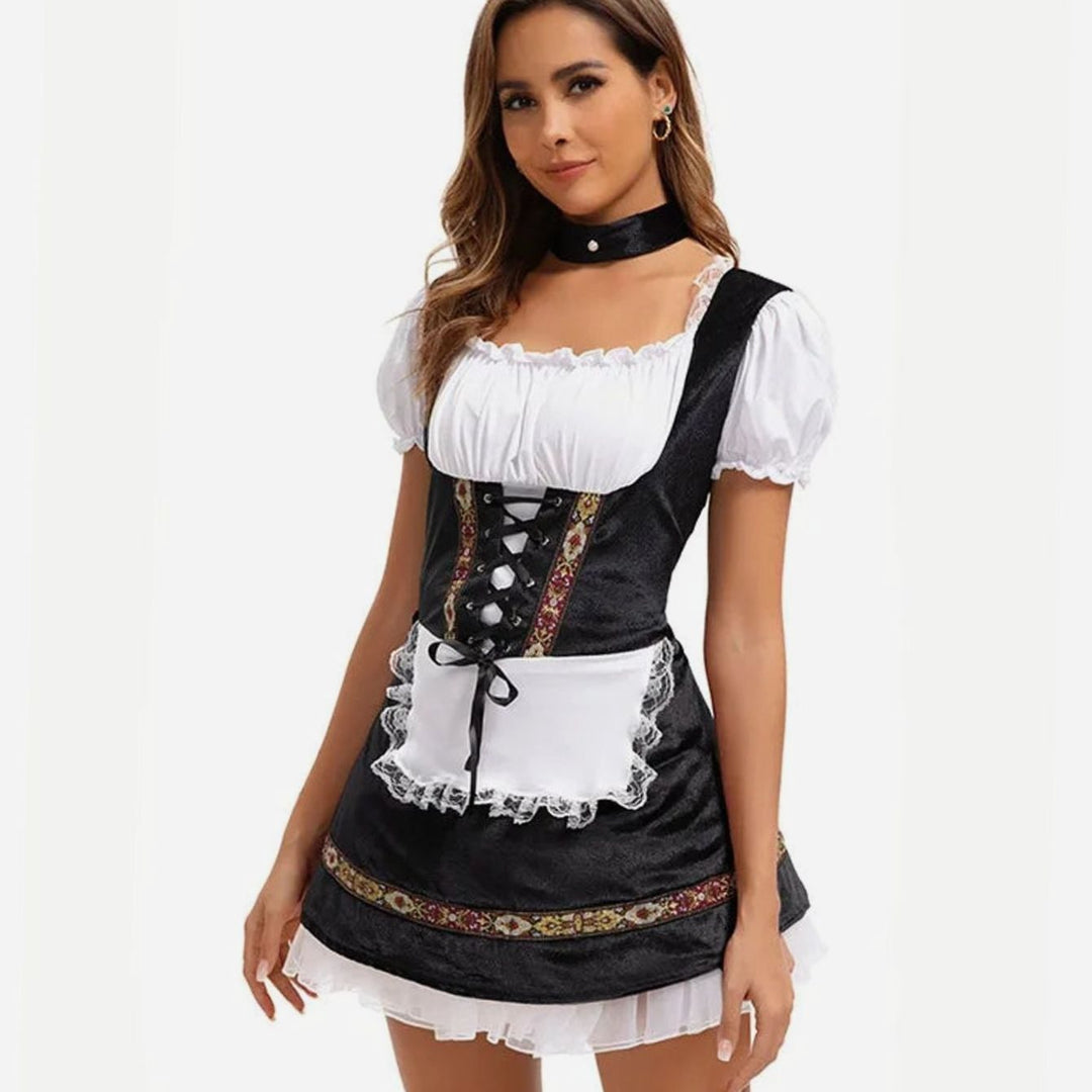 Damen Oktoberfest Dirndl-Kostüm mit Schürze Puffärmeln Korsettschnürung