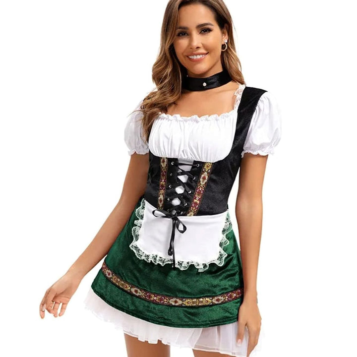 Damen Oktoberfest Dirndl-Kostüm mit Schürze Puffärmeln Korsettschnürung