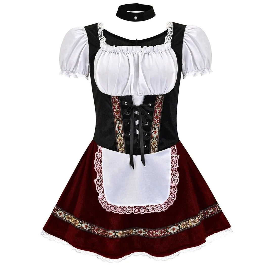 Damen Oktoberfest Dirndl-Kostüm mit Schürze Puffärmeln Korsettschnürung - Weinrot