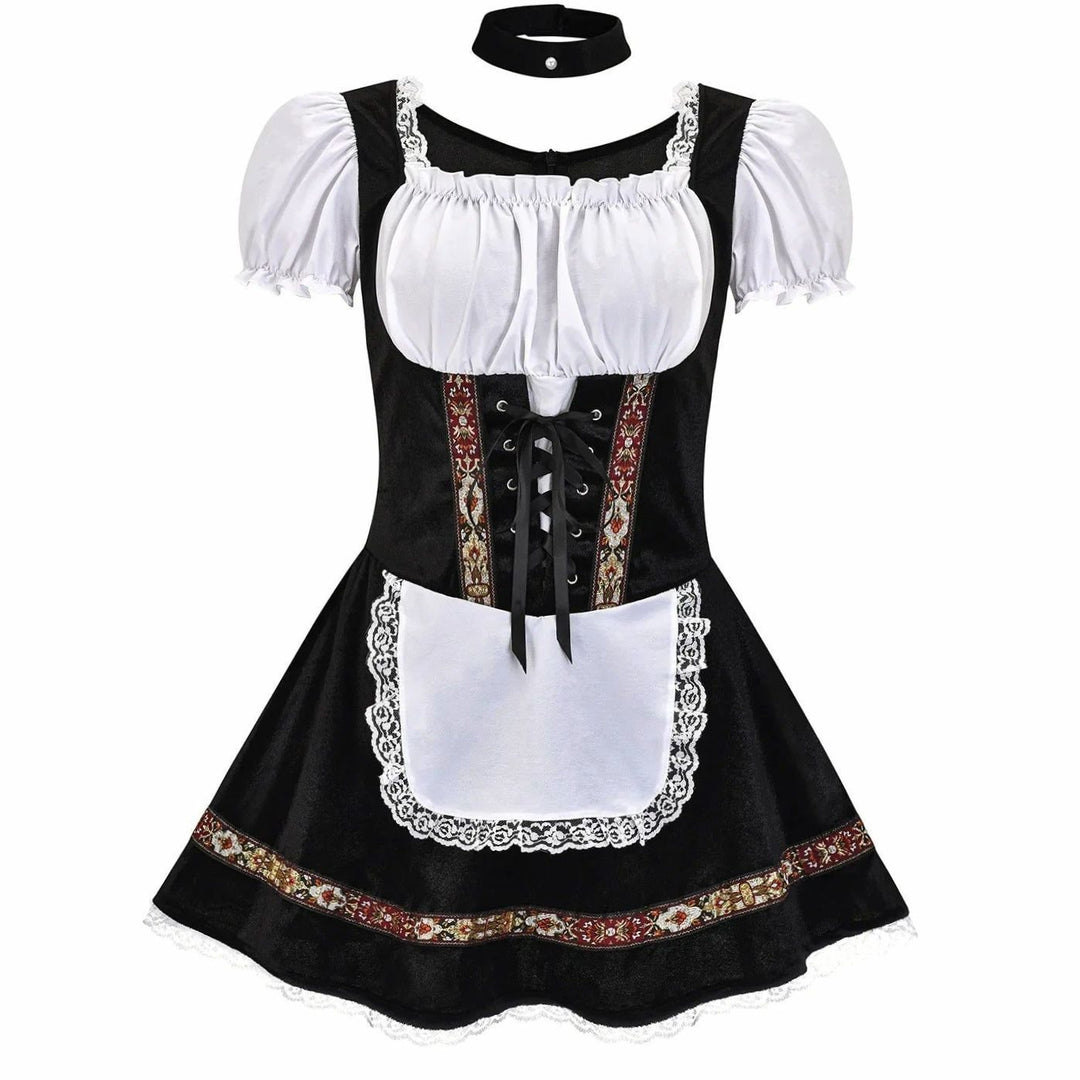 Damen Oktoberfest Dirndl-Kostüm mit Schürze Puffärmeln Korsettschnürung - Schwarz