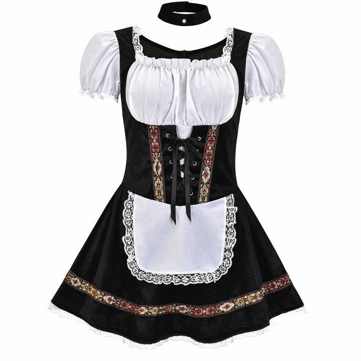Damen Oktoberfest Dirndl-Kostüm mit Schürze Puffärmeln Korsettschnürung - Schwarz