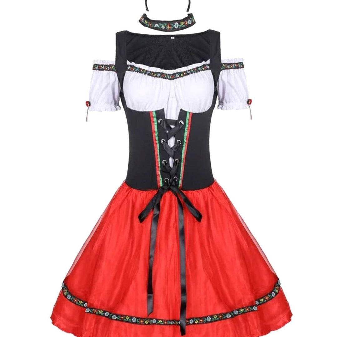 Damen Oktoberfest Dirndl Kostüm Schulterfreies Minikleid mit Korsettschnürung - Schwarz-Rot (1)