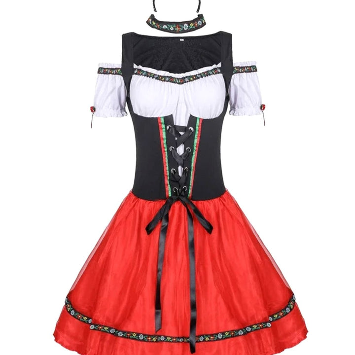 Damen Oktoberfest Dirndl Kostüm Schulterfreies Minikleid mit Korsettschnürung - Schwarz-Rot (1)