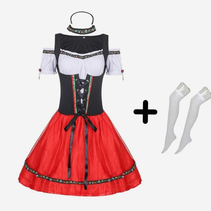 Damen Oktoberfest Dirndl Kostüm Schulterfreies Minikleid mit Korsettschnürung - Schwarz-Rot