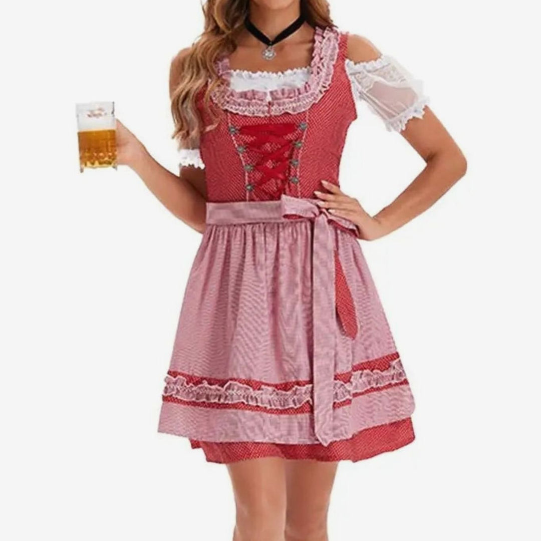 Damen Oktoberfest Dirndl Kostüm-Set mit Spitzenschürze und Schnürung - 8004