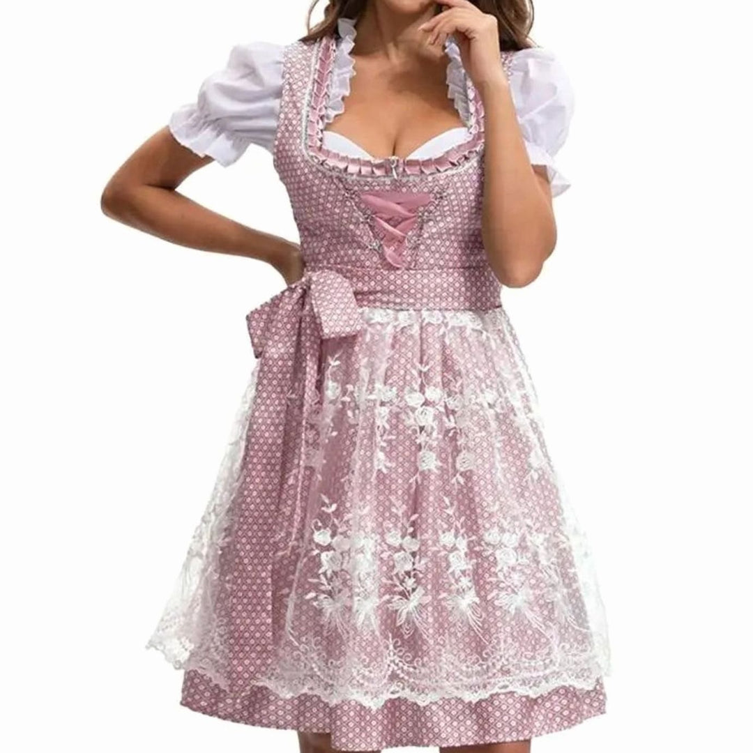 Damen Oktoberfest Dirndl Kostüm-Set mit Spitzenschürze und Schnürung - Rosa