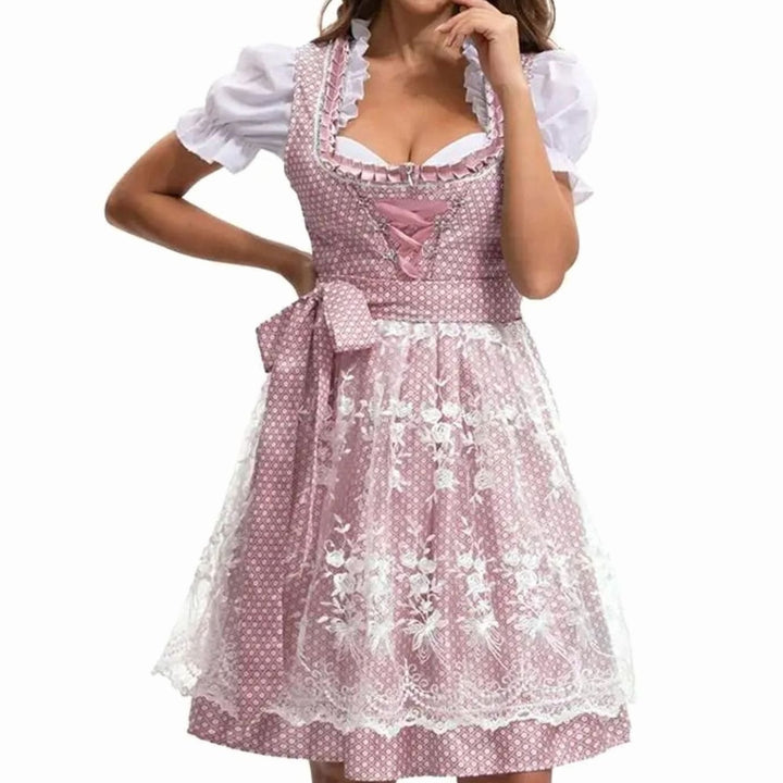 Damen Oktoberfest Dirndl Kostüm-Set mit Spitzenschürze und Schnürung - Rosa