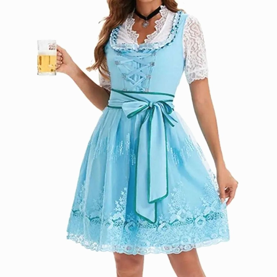Damen Oktoberfest Dirndl Kostüm-Set mit Spitzenschürze und Schnürung - Grün