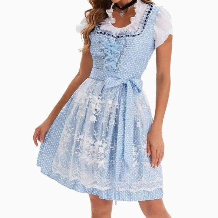 Damen Oktoberfest Dirndl Kostüm-Set mit Spitzenschürze und Schnürung - Blau